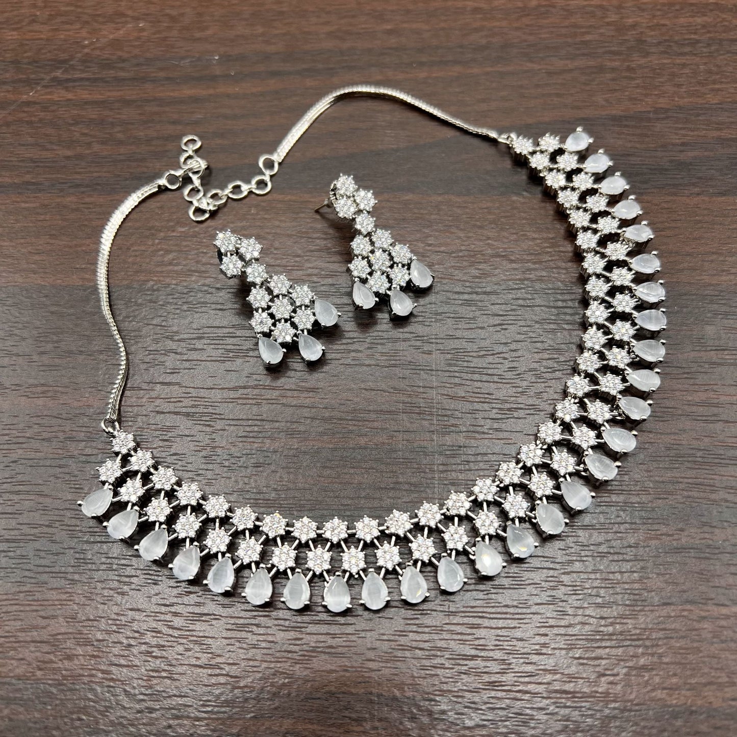 Fashion - Classic Style Grey Color AD/CZ Necklace Set With Rhodium Plating