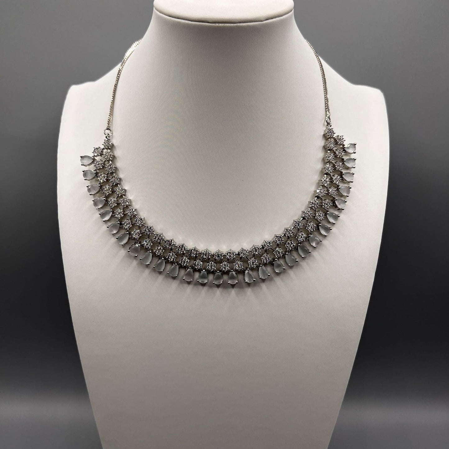 Fashion - Classic 3 Layer Grey & White Color AD/CZ Stone Necklace Set