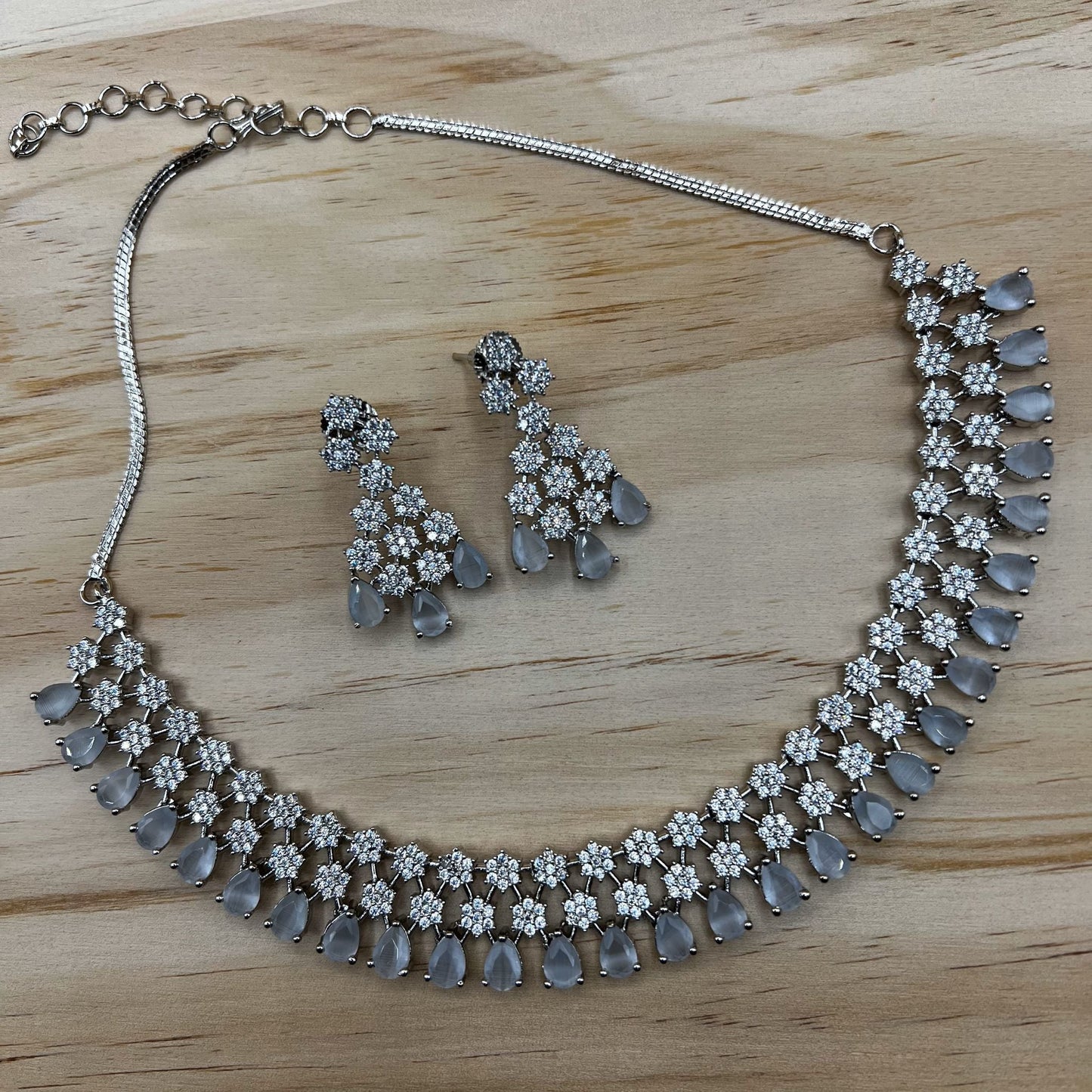 Fashion - Classic 3 Layer Grey & White Color AD/CZ Stone Necklace Set