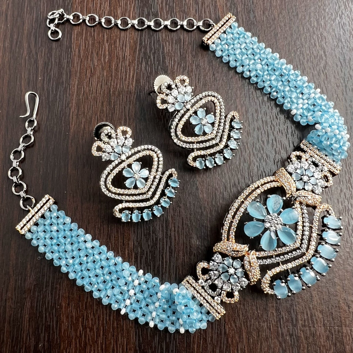 Fashion - Trendy Style Aqua Blue Color AD/CZ, Bead Mix Necklace Set With Rose Gold Tone Plating