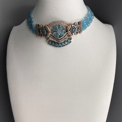 Fashion - Victorian Inspired Aqua Blue AD/CZ Stone, Bead Mix Choker Necklace Set