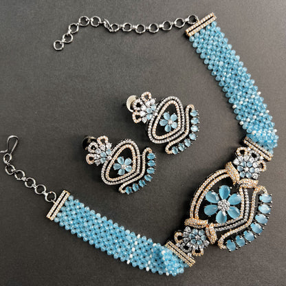 Fashion - Victorian Inspired Aqua Blue AD/CZ Stone, Bead Mix Choker Necklace Set