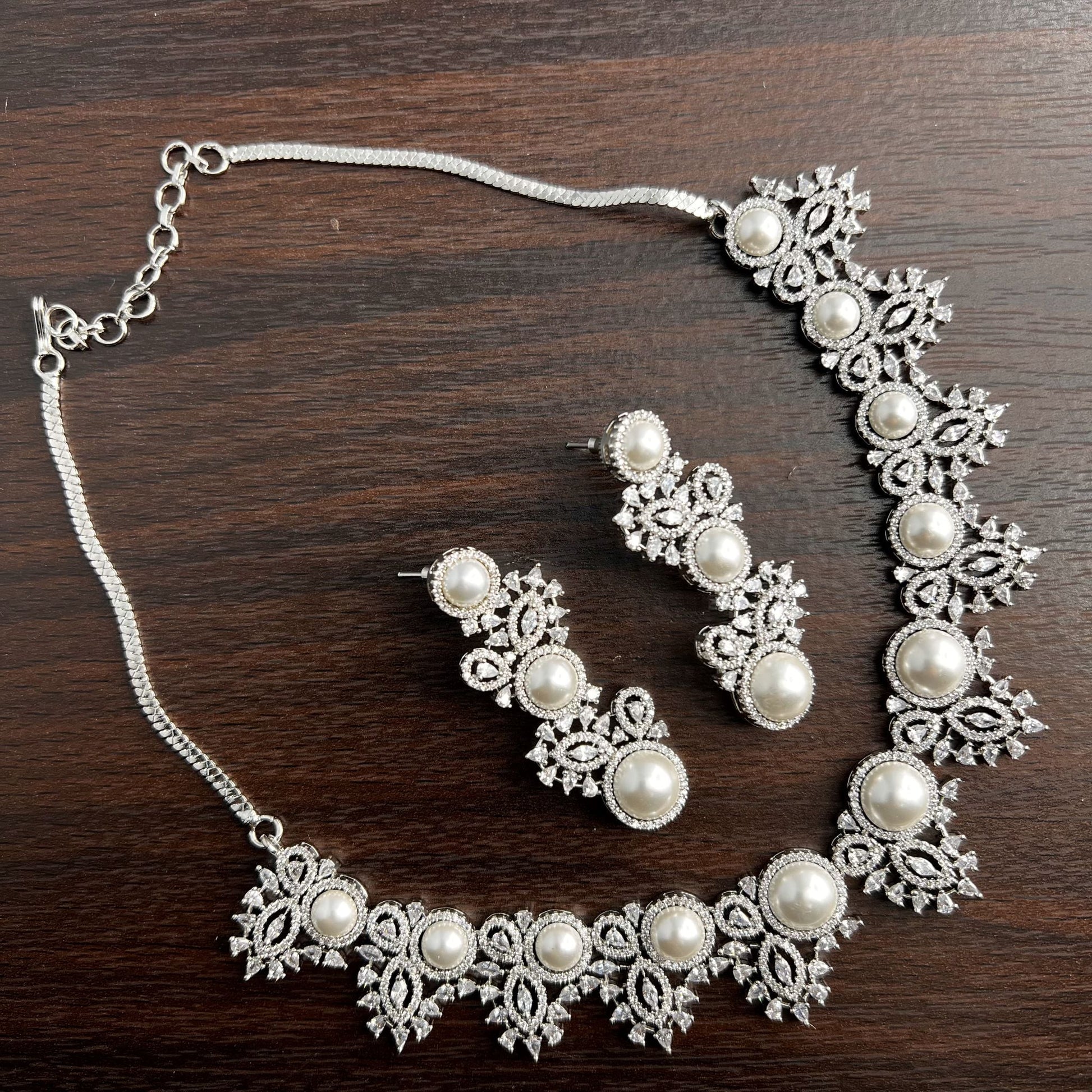 Fashion - Classic Style White Color AD/CZ Necklace Set With Rhodium Plating