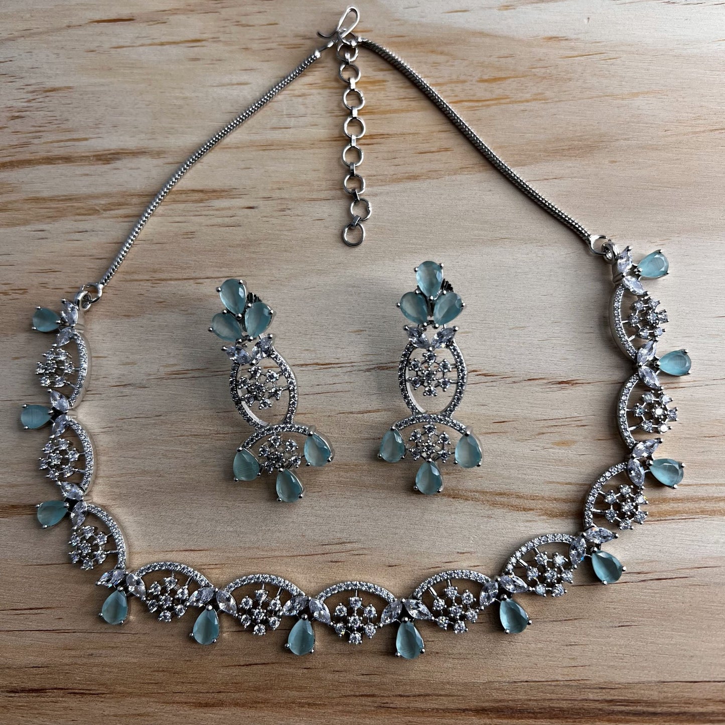 Fashion - Elegant Floral Design Mint Green AD/CZ Stone Necklace Set