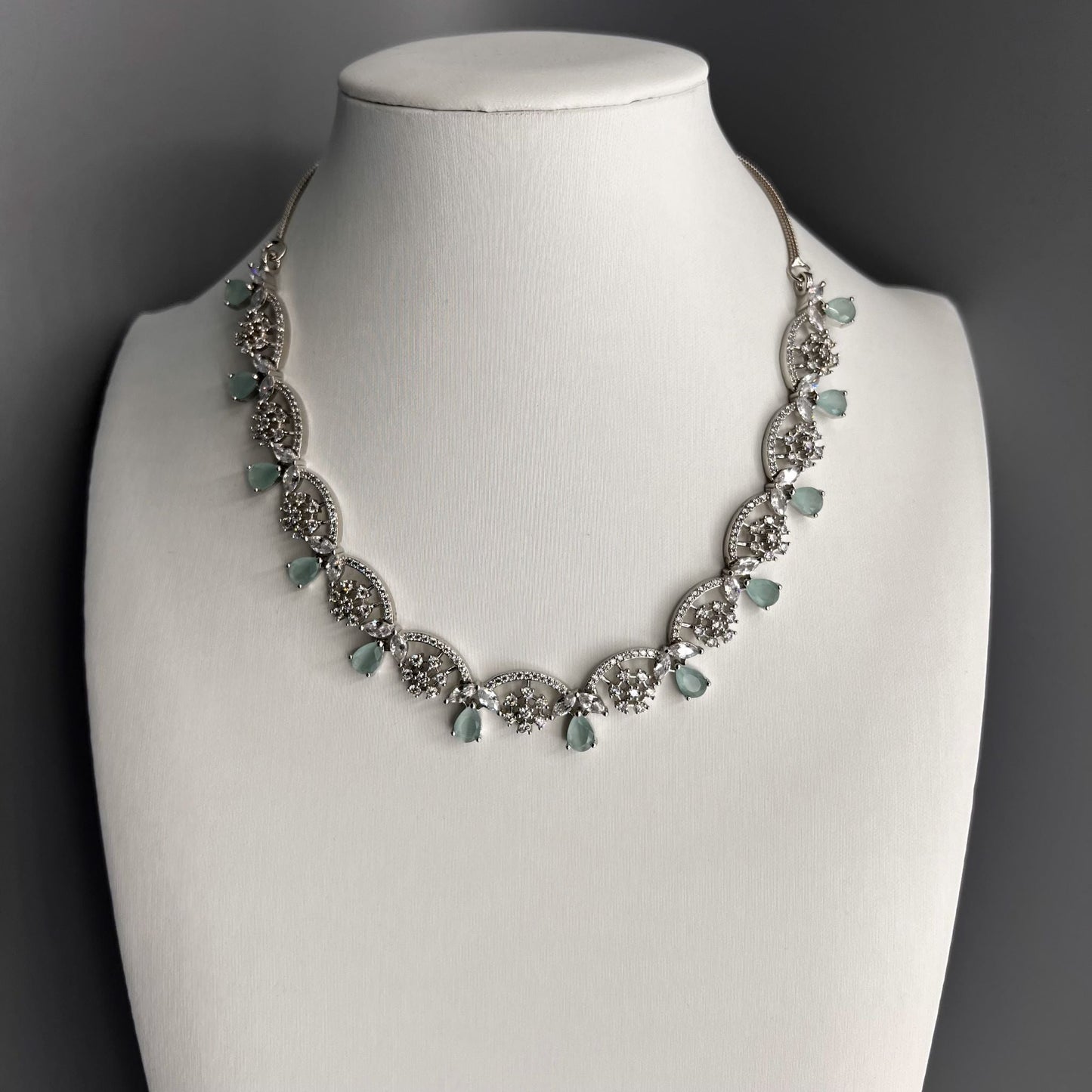 Fashion - Elegant Floral Design Mint Green AD/CZ Stone Necklace Set