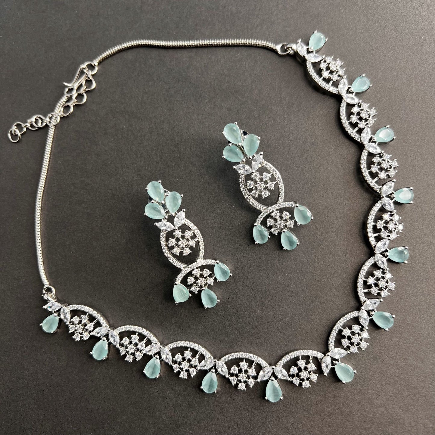 Fashion - Elegant Floral Design Mint Green AD/CZ Stone Necklace Set