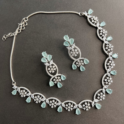 Fashion - Elegant Floral Design Mint Green AD/CZ Stone Necklace Set