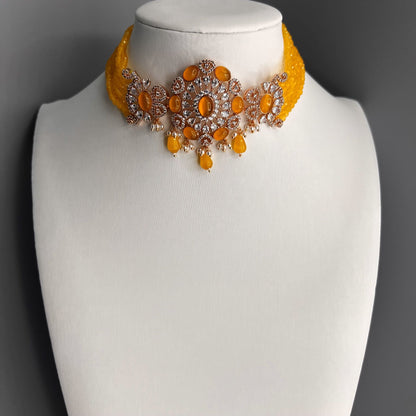 Fashion - Elite Yellow Color AD/CZ Stone, Bead Mix Choker Necklace Set