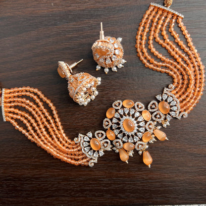 Fashion - Classic Style Peach Color AD/CZ, Bead Mix Necklace Set With Rose Gold Tone Plating