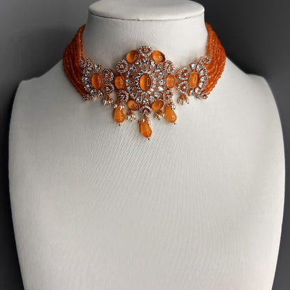 Fashion - Elite Peach Orange Color AD/CZ Stone, Bead Mix Choker Necklace Set