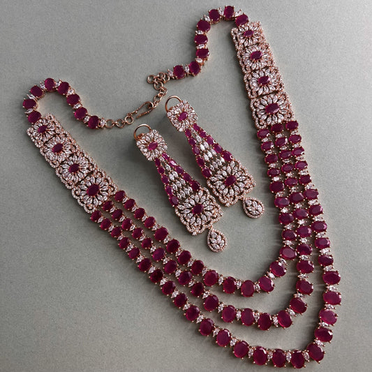 Fashion - Designer Festive Style Ruby Pink Color AD/CZ Necklace Set With Rose Gold Tone Plating