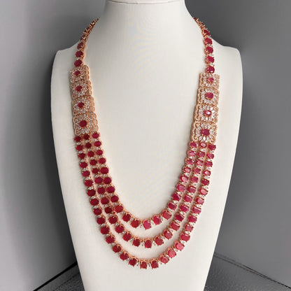 Fashion - Exclusive Designer Festive Ruby Pink AD/CZ Stone Long Necklace Set