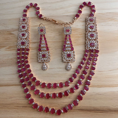 Fashion - Exclusive Designer Festive Ruby Pink AD/CZ Stone Long Necklace Set