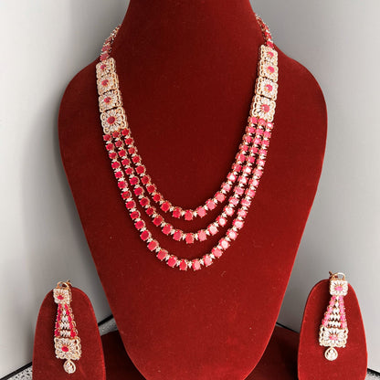 Fashion - Exclusive Designer Festive Ruby Pink AD/CZ Stone Long Necklace Set