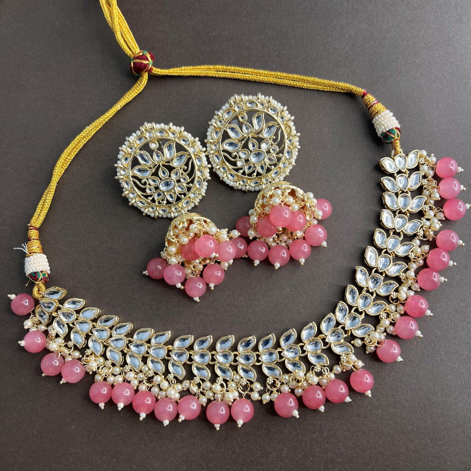 Fashion - Indo Western Classic Style Pink Color Casual Necklace Set With Gold Tone Plating