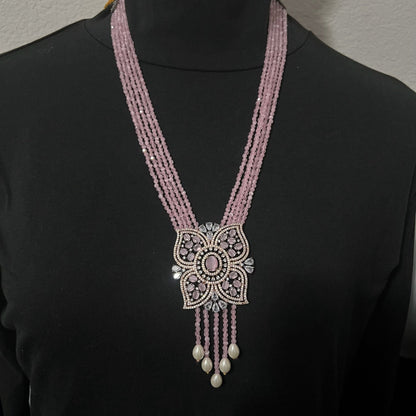 Fashion - Victorian Inspired Trendy Pink AD/CZ Stone & Bead Mala Necklace Set