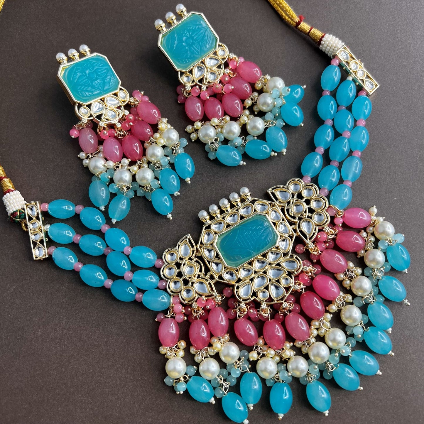 Fashion - Indo Western Classic Style Turquoise Blue, Pink Color Casual Necklace Set With Gold Tone Plating