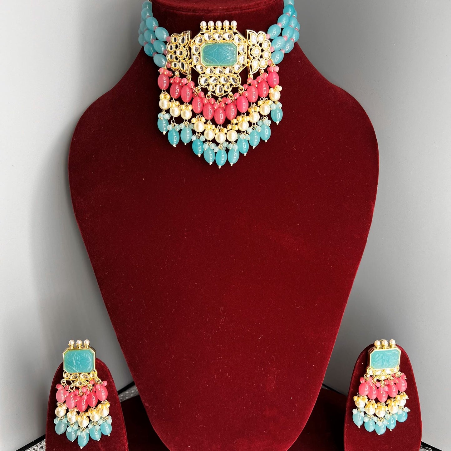 Fashion - Turquoise Blue & Pink Bead Mix Choker Necklace Set