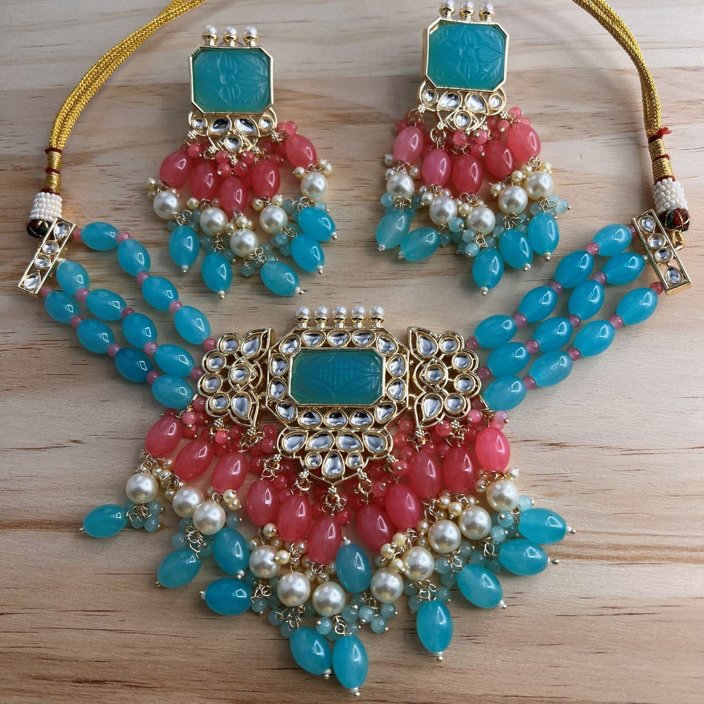 Fashion - Turquoise Blue & Pink Bead Mix Choker Necklace Set