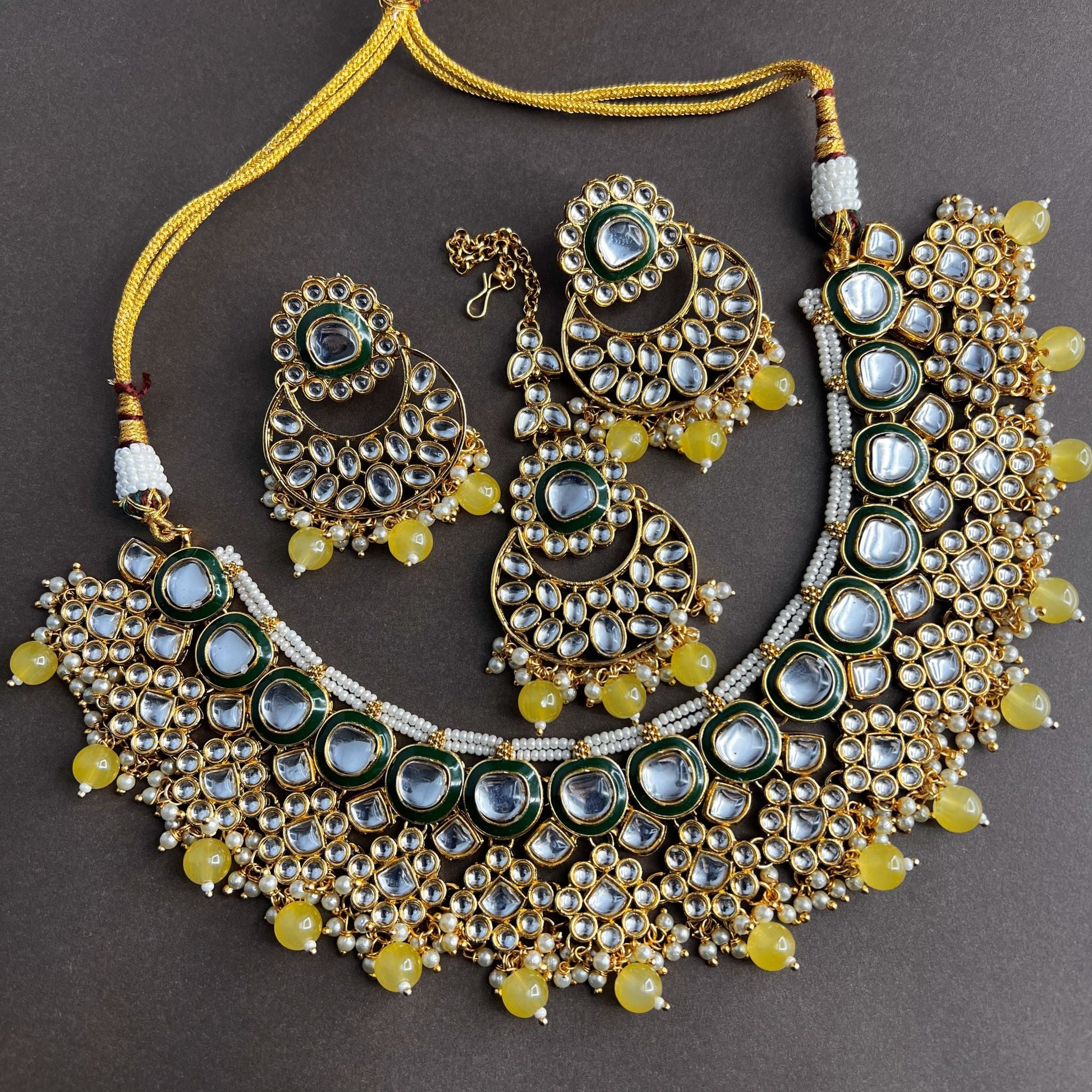 Fashion - Indo Western Festive Style Green, Yellow Color Casual Jewelry Set With Gold Tone Plating