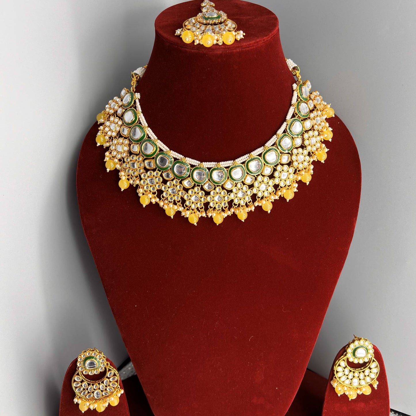 Fashion - Green & Yellow Kundan Work Jewelry Set