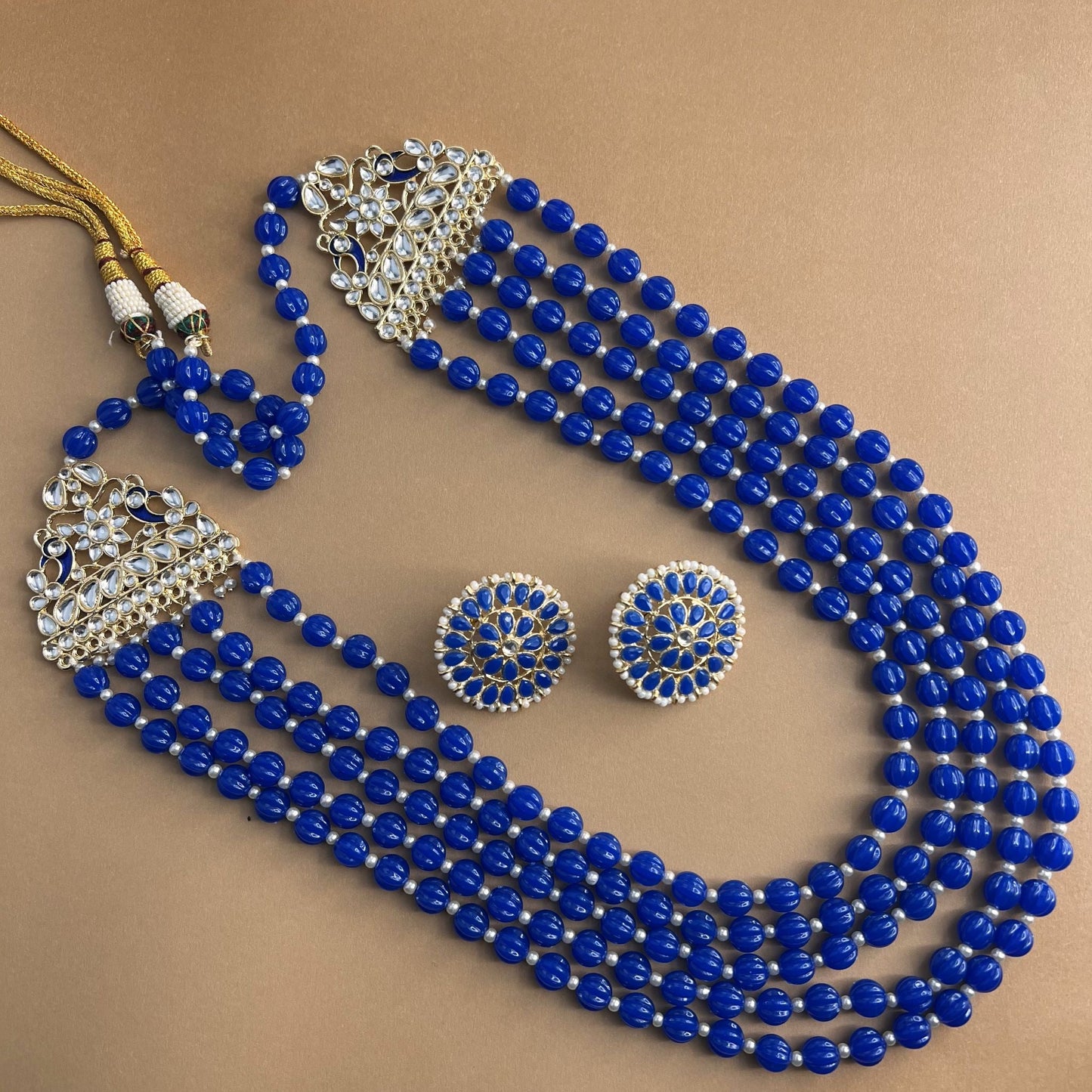 Fashion - Indo Western Classic Style Blue Color Casual, Bead Mix Necklace Set With Gold Tone Plating