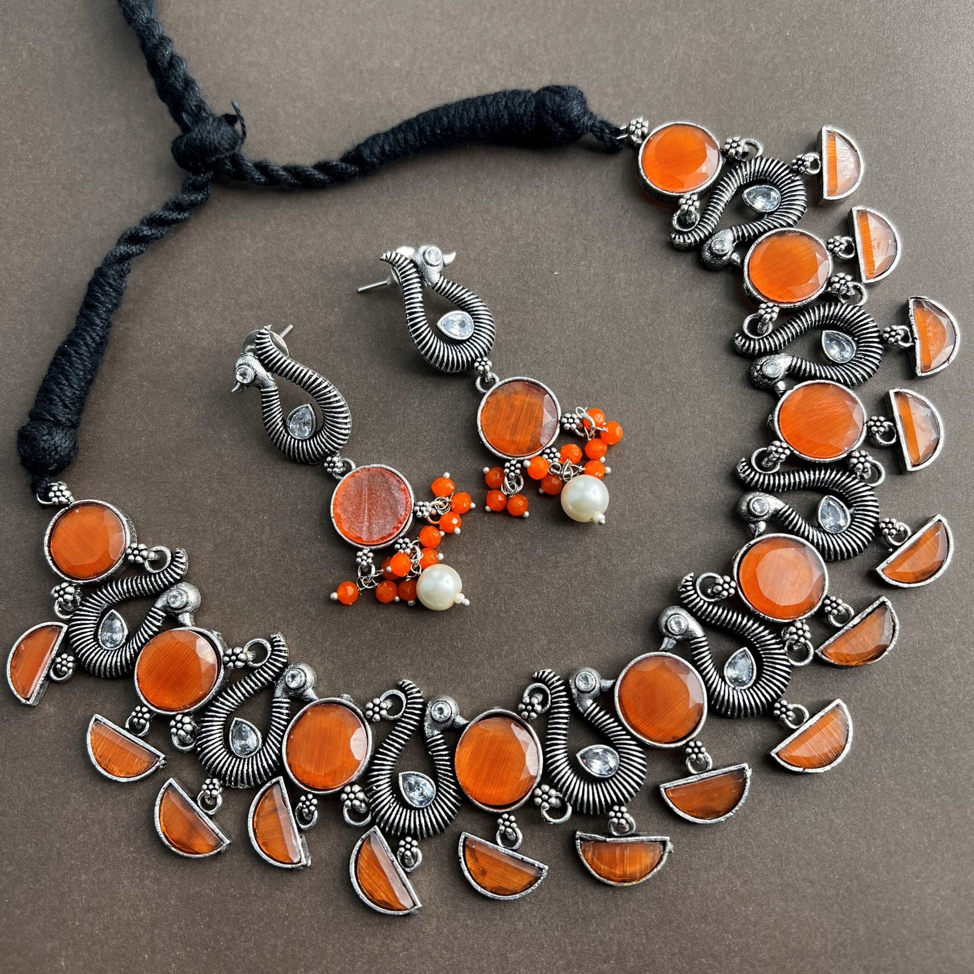 Fashion -  Classic Style Peach Orange Color Oxidized Necklace Set With Oxidized Silver Tone Plating