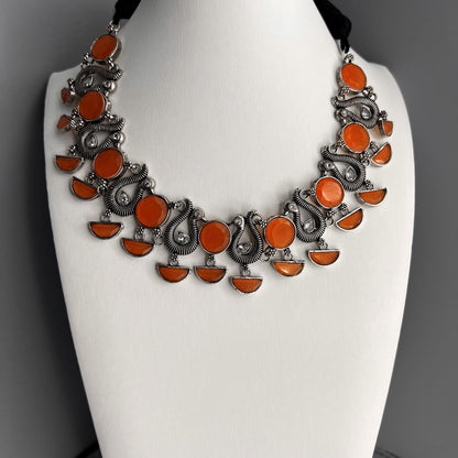 Fashion -  Peach Orange & Peacock Motifs Oxidized Necklace Set