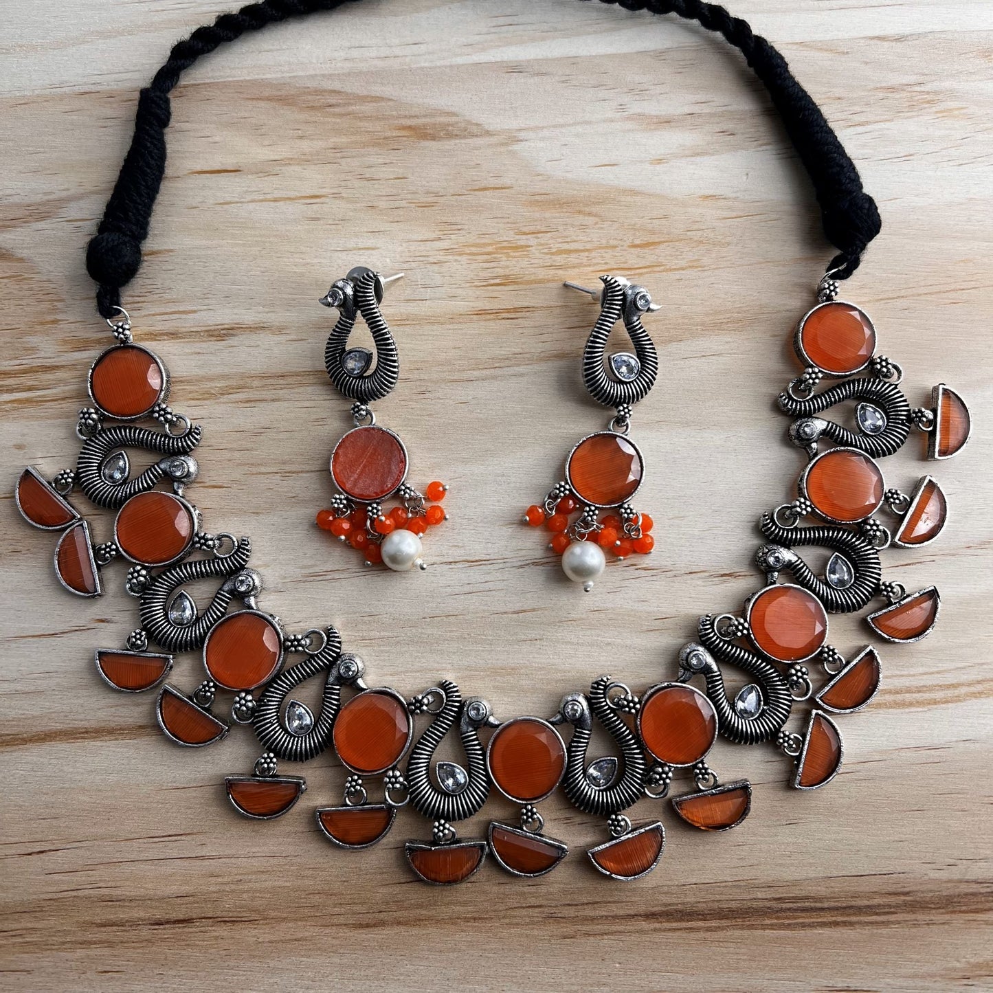 Fashion -  Peach Orange & Peacock Motifs Oxidized Necklace Set