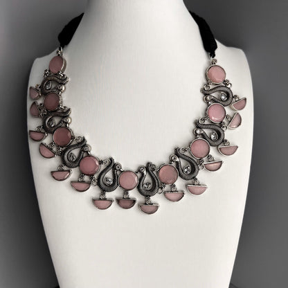 Fashion -  Pink & Peacock Motifs Oxidized Necklace Set