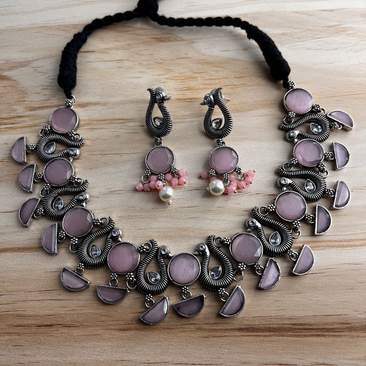 Fashion -  Pink & Peacock Motifs Oxidized Necklace Set