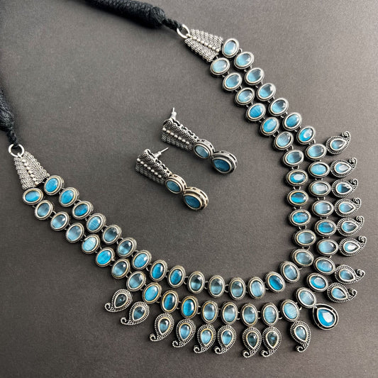 Fashion - Designer Trendy Style Turquoise Blue Color Oxidized Necklace Set With Oxidized Silver Tone Plating