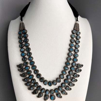 Fashion - Designer 3 Layer, Mango Motifs Turquoise Blue Oxidized Necklace Set