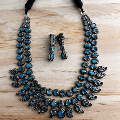 Fashion - Designer 3 Layer, Mango Motifs Turquoise Blue Oxidized Necklace Set