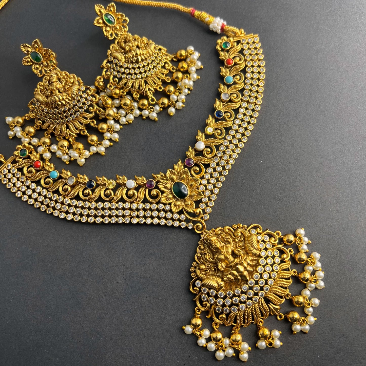 Fashion - Gold Replica Classic Style Multi Color Antique Traditional Necklace Set With Gold Tone Plating