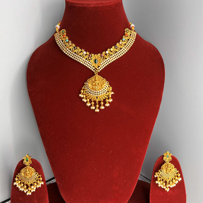 Fashion - Gold Replica Beautiful Multi Color Goddess Lakshmi Antique Traditional Necklace Set