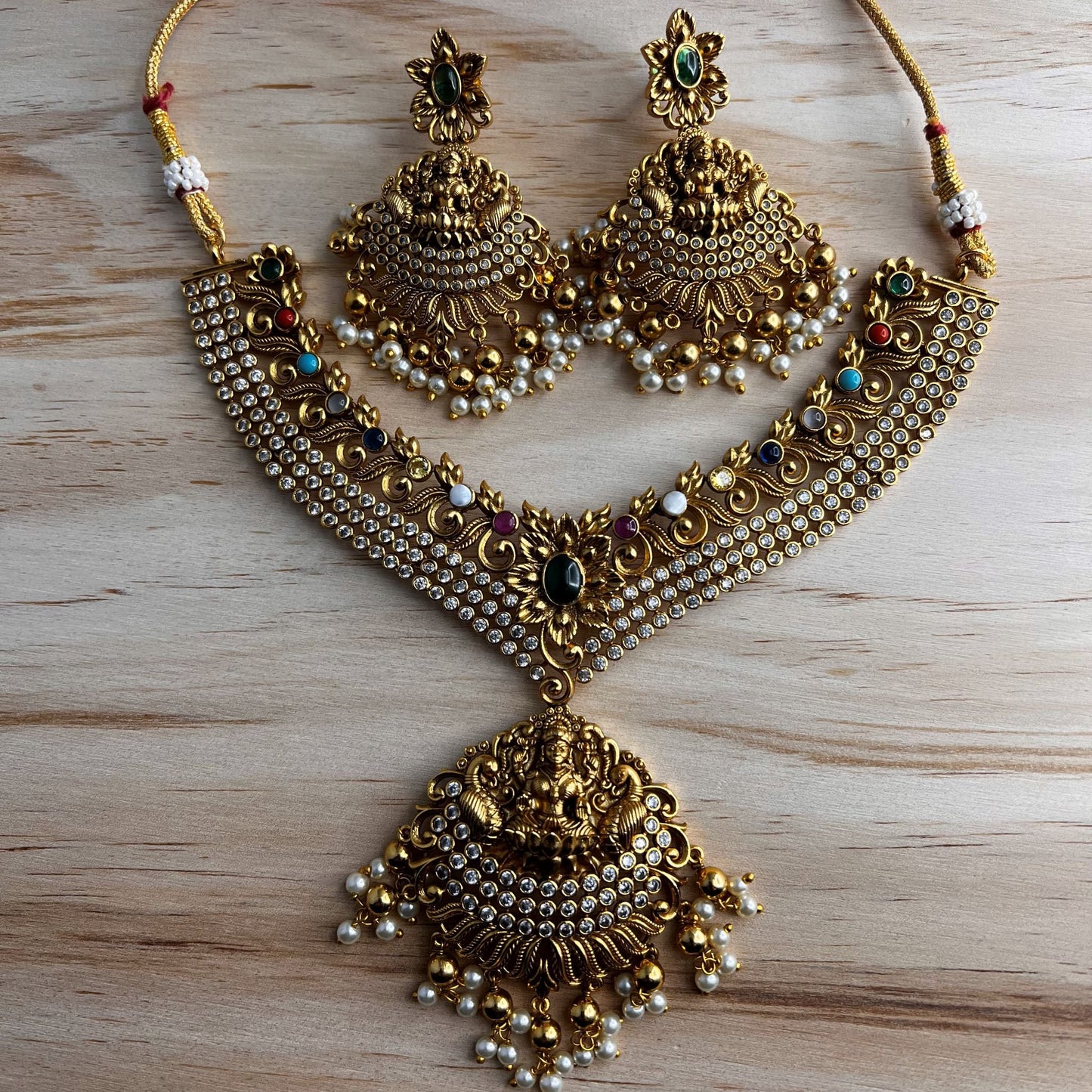 Fashion - Gold Replica Beautiful Multi Color Goddess Lakshmi Antique Traditional Necklace Set