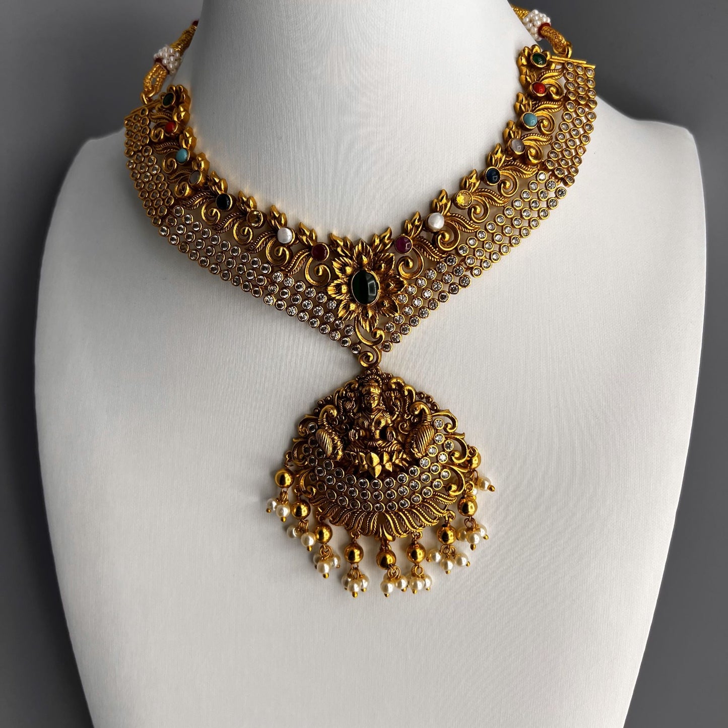 Fashion - Gold Replica Beautiful Multi Color Goddess Lakshmi Antique Traditional Necklace Set