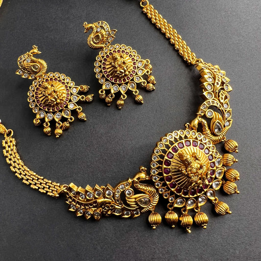 Fashion - Gold Replica Classic Style Ruby Pink Color Antique Traditional Necklace Set With Gold Tone Plating