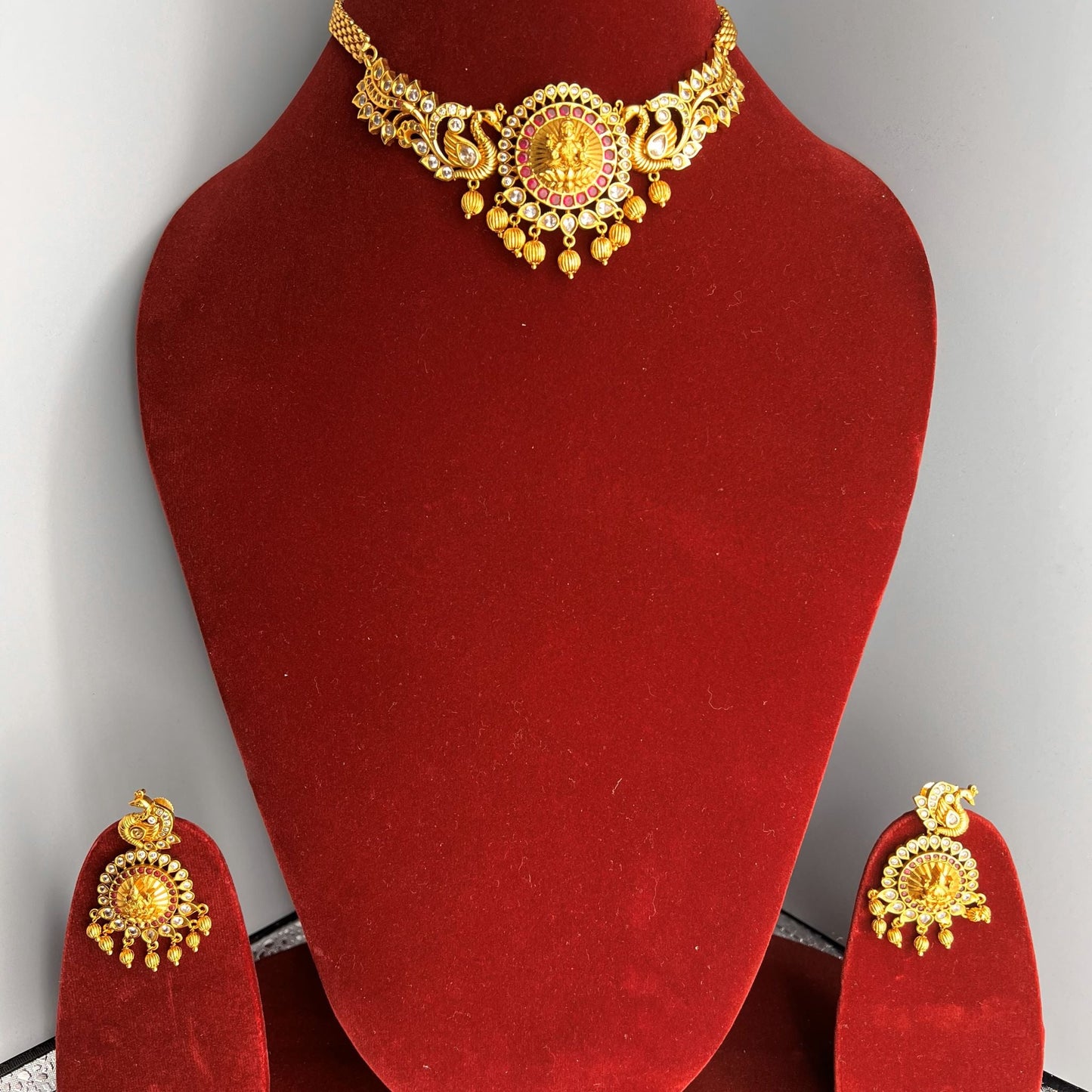 Fashion - Gold Replica Ruby Pink Goddess Lakshmi & Peacocks Antique Traditional Choker Necklace Set