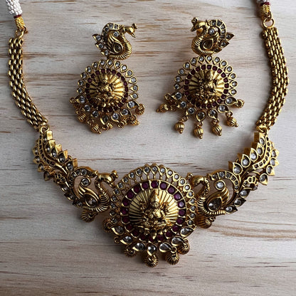 Fashion - Gold Replica Ruby Pink Goddess Lakshmi & Peacocks Antique Traditional Choker Necklace Set