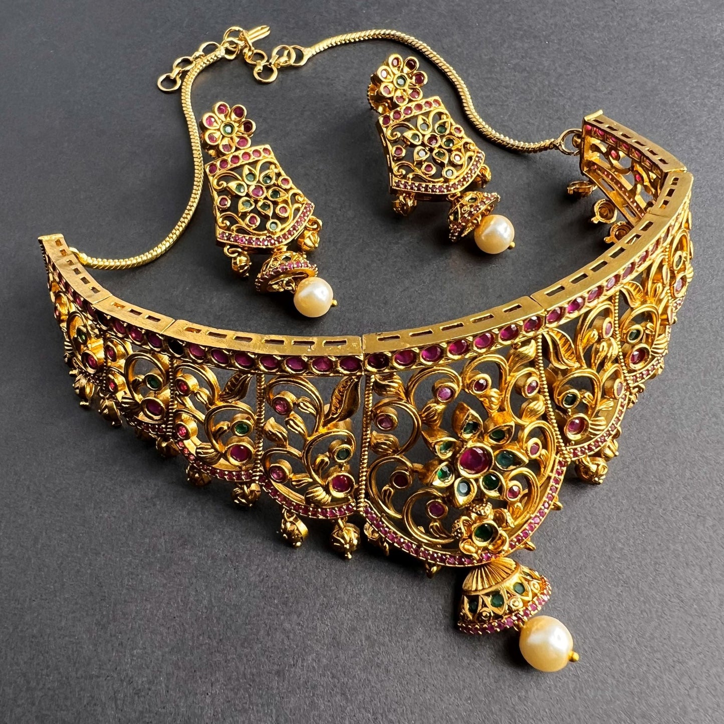 Fashion -  Classic Style Ruby Pink, Green Color Antique Traditional Necklace Set With Gold Tone Plating