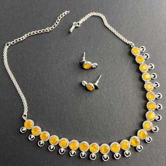 Fashion -  Dainty Style Yellow Color AD/CZ Necklace Set With Rhodium Plating