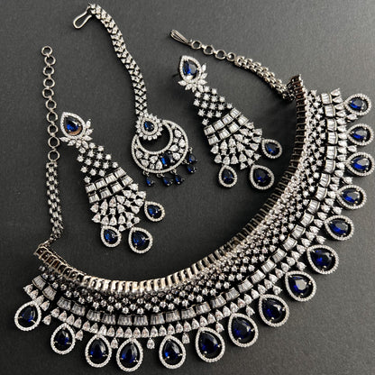 Fashion - Designer Festive Style Navy Blue Color AD/CZ Jewelry Set With Black Plating