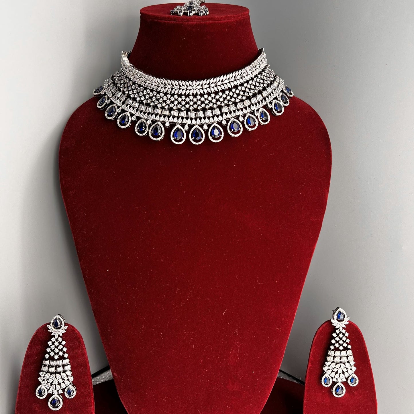 Fashion - Designer Festive Style Navy Blue Color AD/CZ Stone Jewelry Set With Black Plating