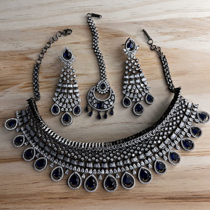 Fashion - Designer Festive Style Navy Blue Color AD/CZ Stone Jewelry Set With Black Plating