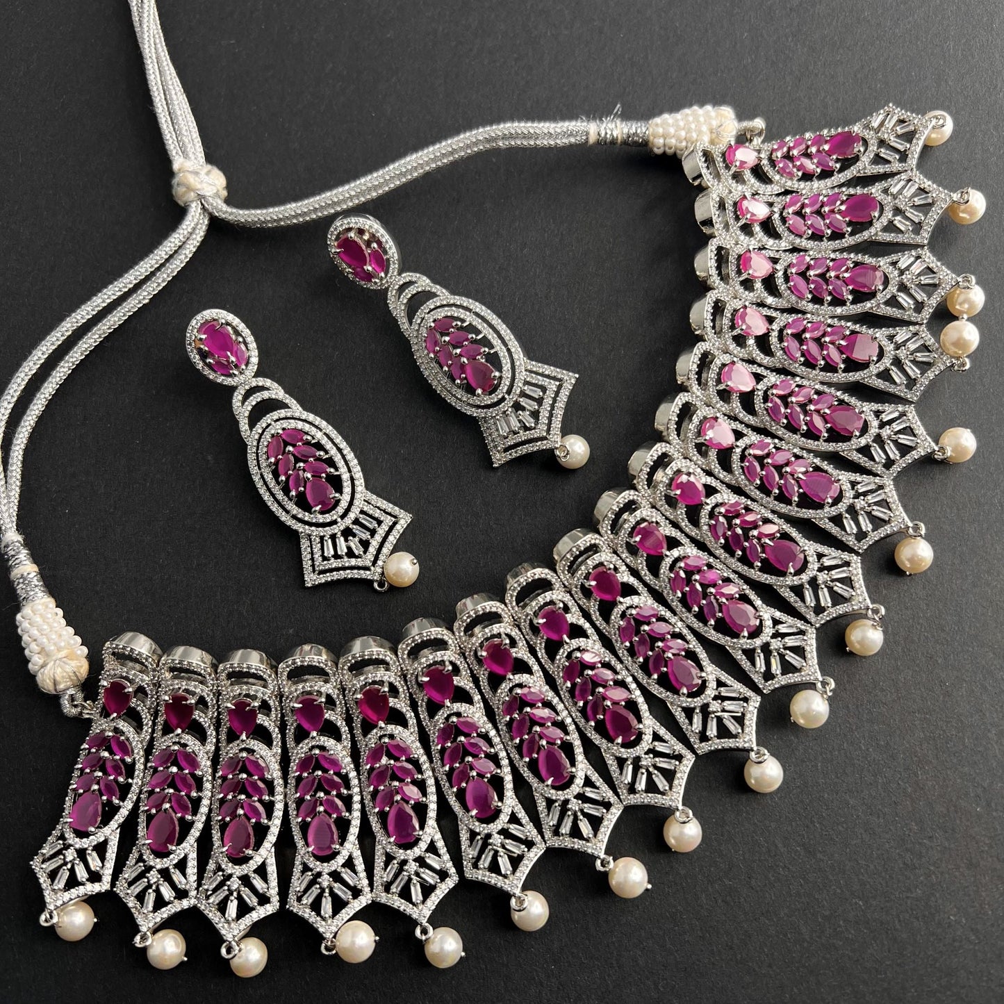 Fashion - Designer Festive Style Ruby Pink Color AD/CZ Necklace Set With Rhodium Plating