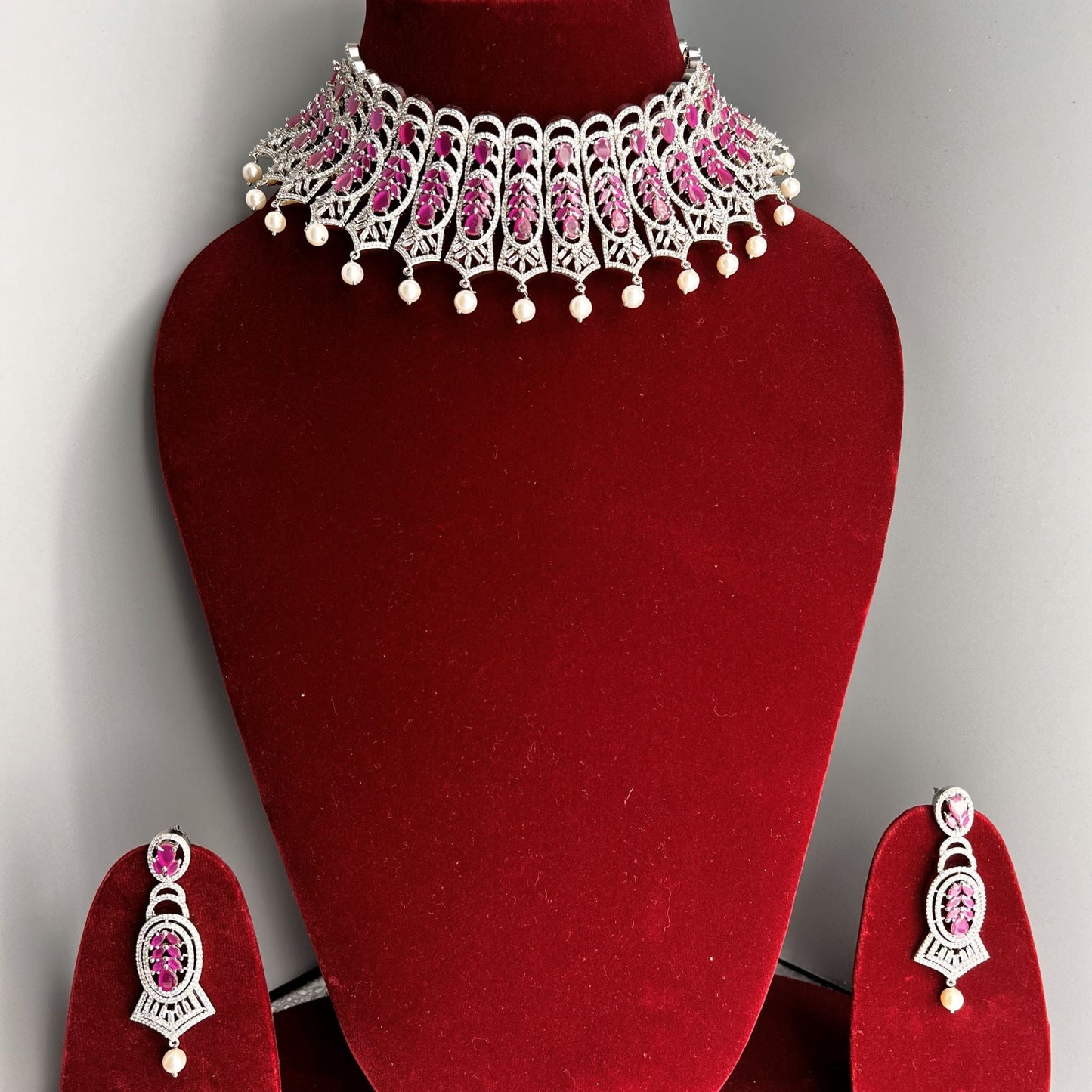 Fashion - Gorgeous Exclusive Festive Looking Ruby Pink AD/CZ Choker Necklace Set