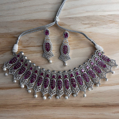 Fashion - Gorgeous Exclusive Festive Looking Ruby Pink AD/CZ Choker Necklace Set