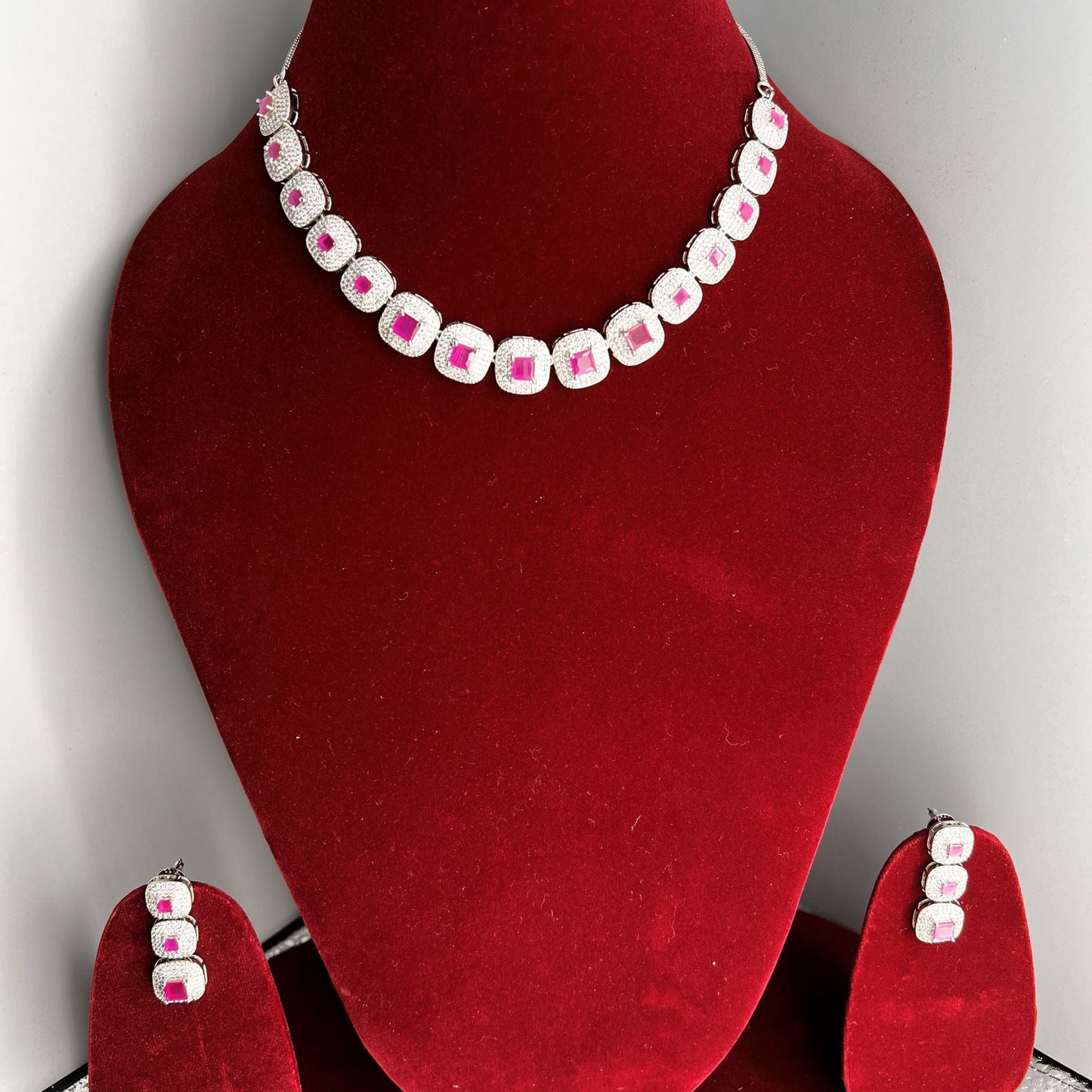 Fashion - Trendy Square Design Ruby Pink AD/CZ Stone Necklace Set